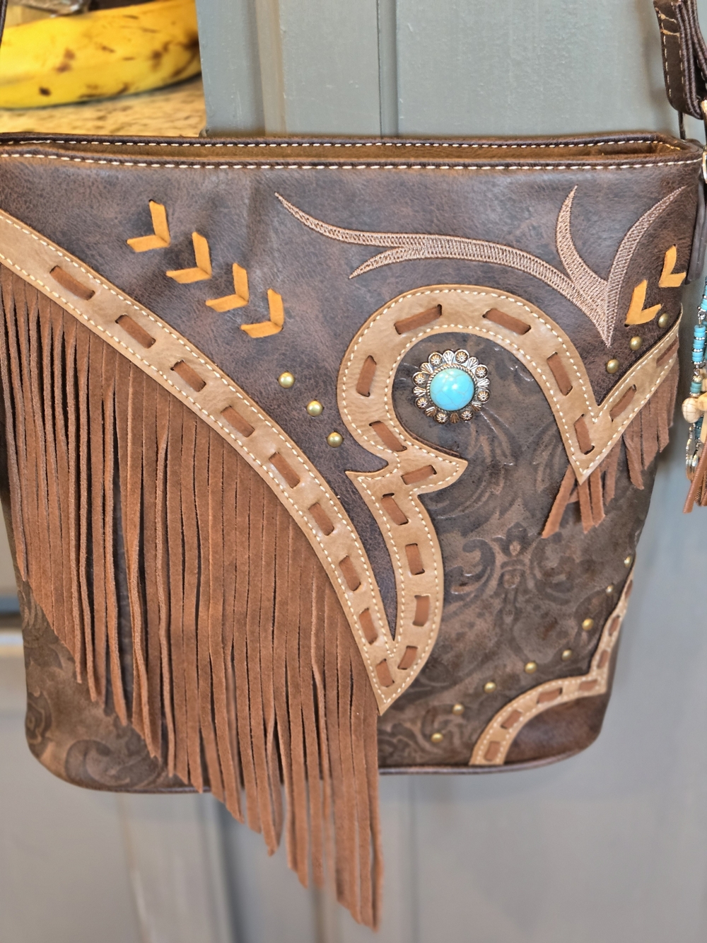 Brown Fringe Shoulder Bag with Turquoise Concho Accent